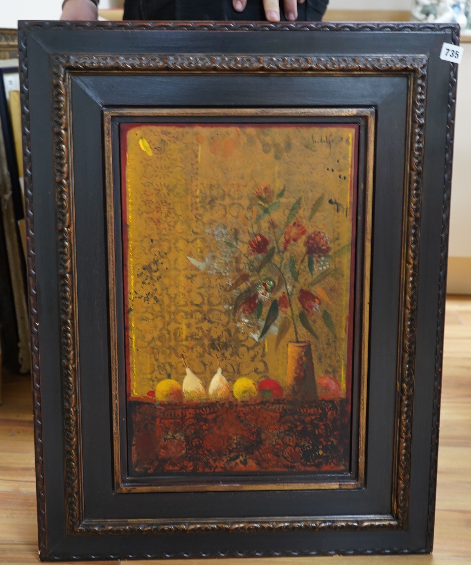 Hidalgo, Continental mixed media and oil on board, Still life of flowers and fruit, signed, inscribed verso, 53 x 34cm, housed in ebonised frame. Condition - fair to good